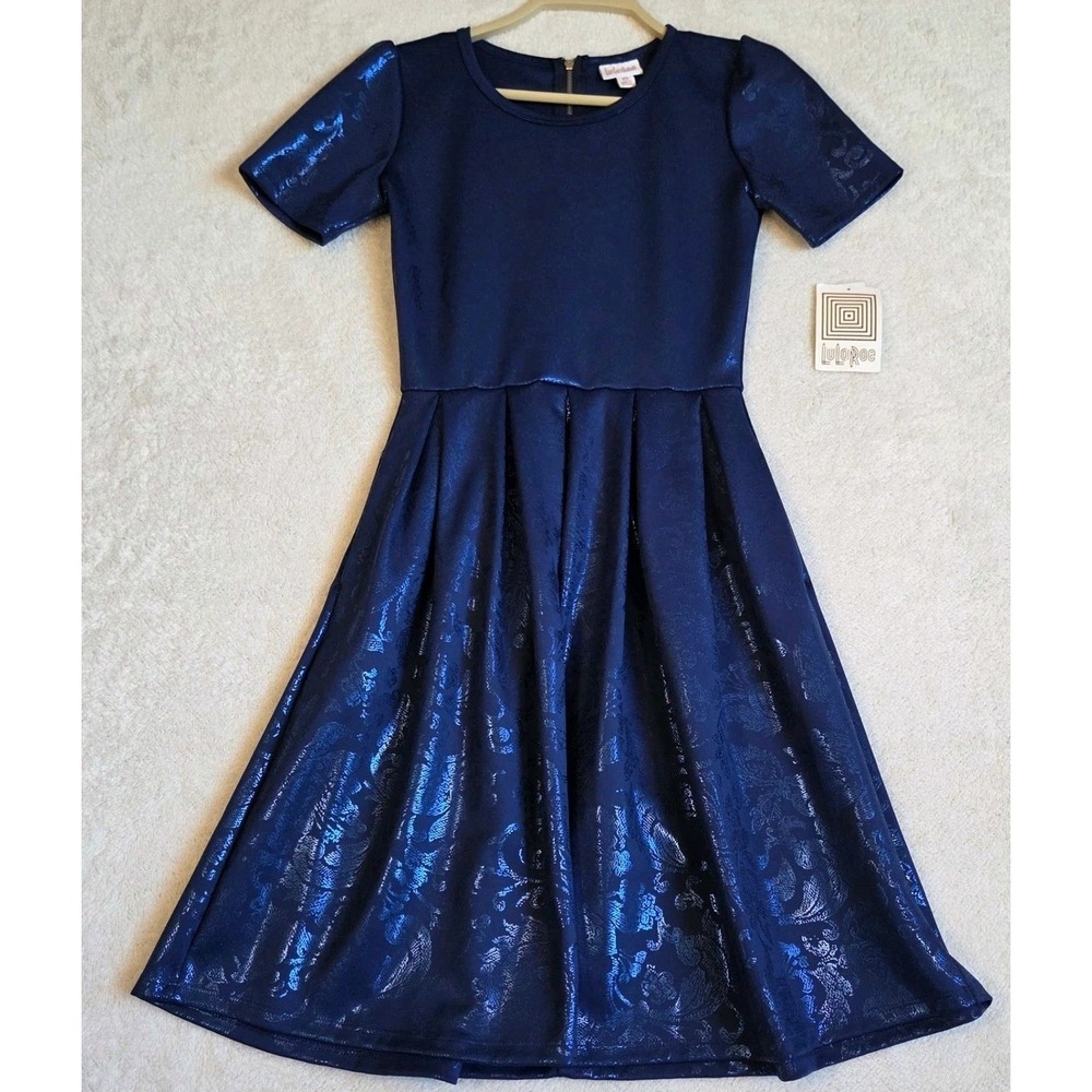 LuLaRoe Navy Blue Metallic Jacquard Fit Flare Dress XS Short Sleeve Zipper